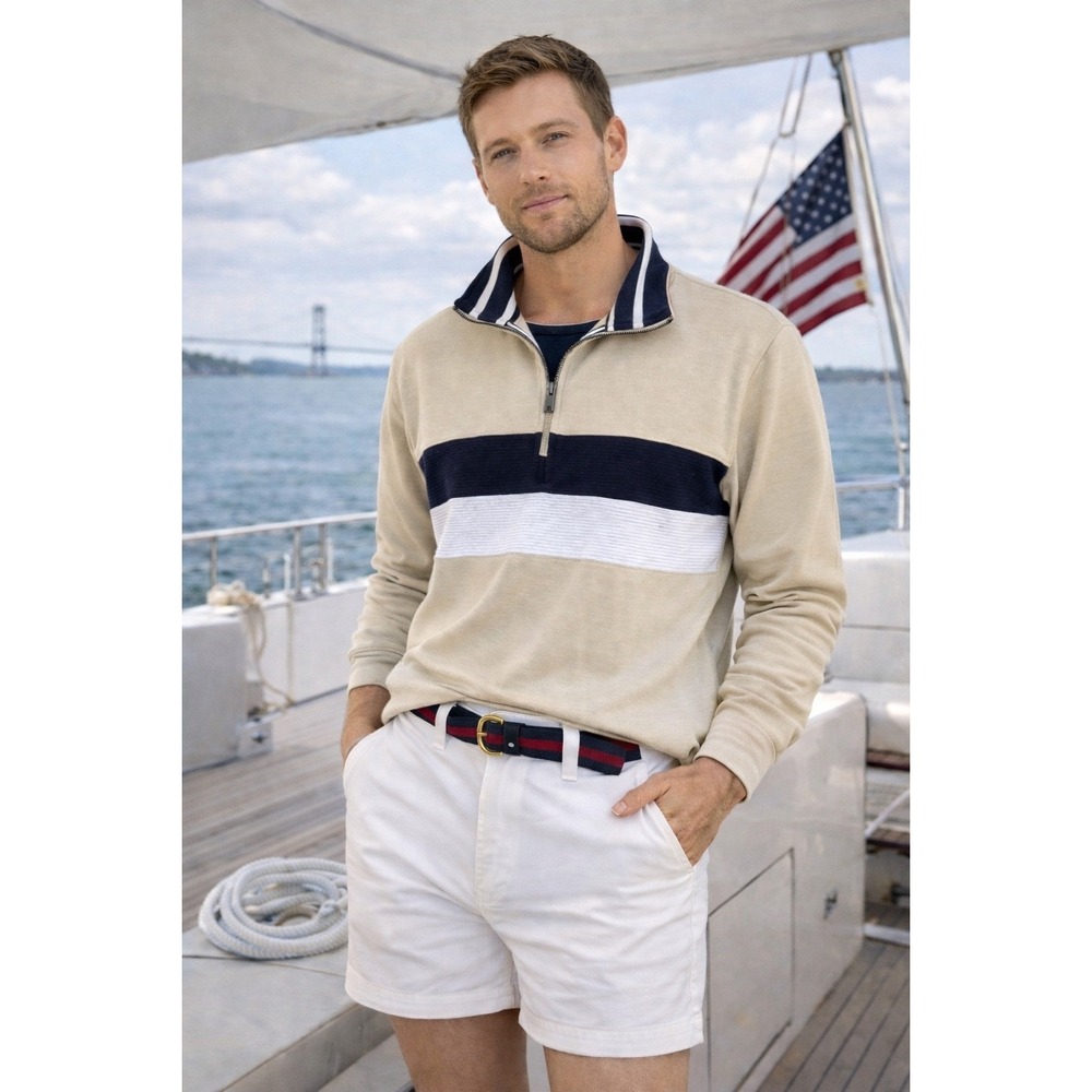 Magaschoni Man Quarter Zip Pullover Large Taupe Navy Nautical Modal GM40191M